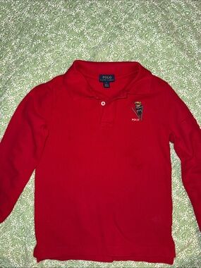 Boys Polo by Ralph Lauren Kids Red Long-Sleeve Polo with Embroidered Bear